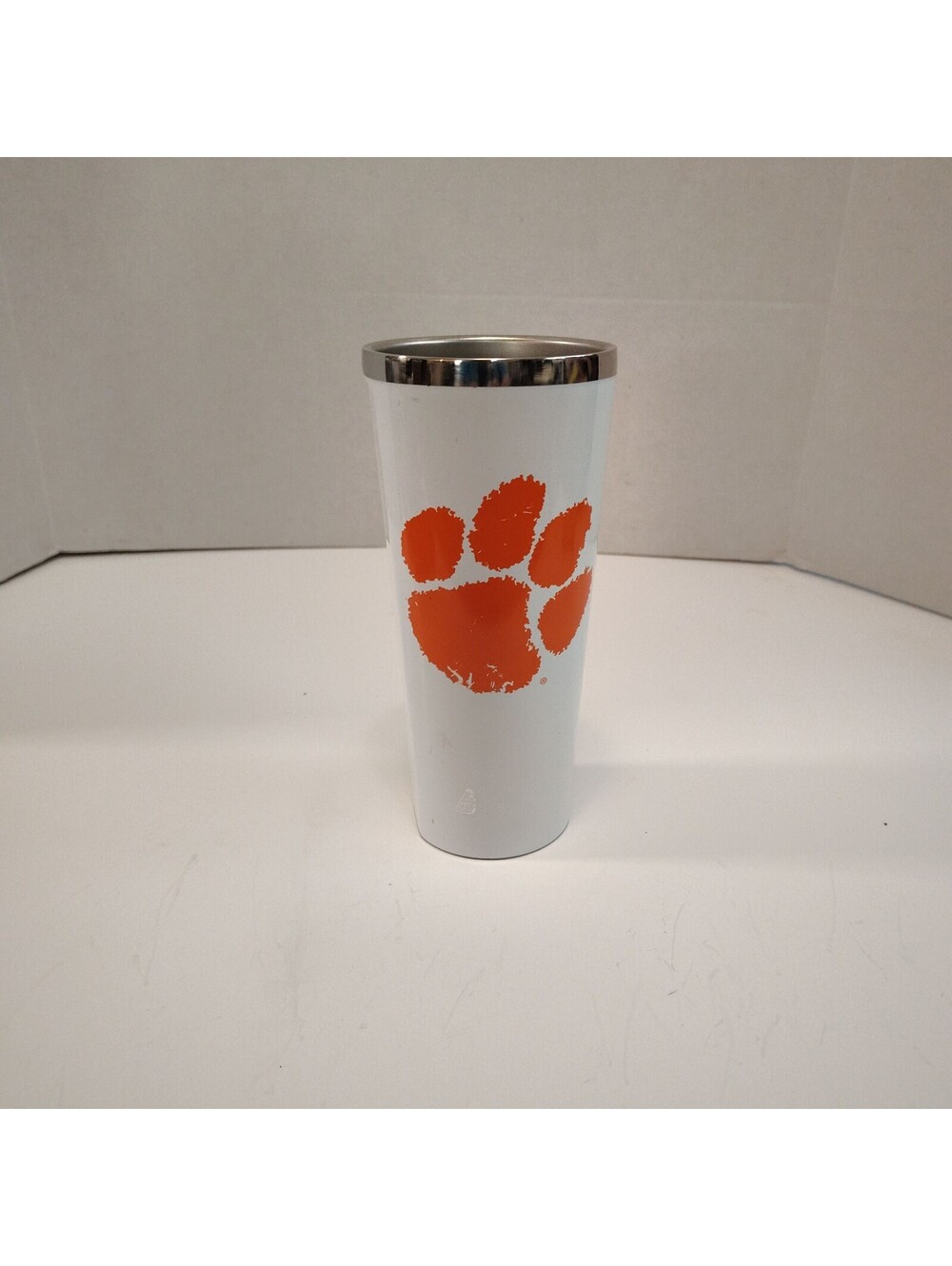 Corkcicle White Travel Mug with Clemson Tigers Paw Print and Stainless Steel Rim
